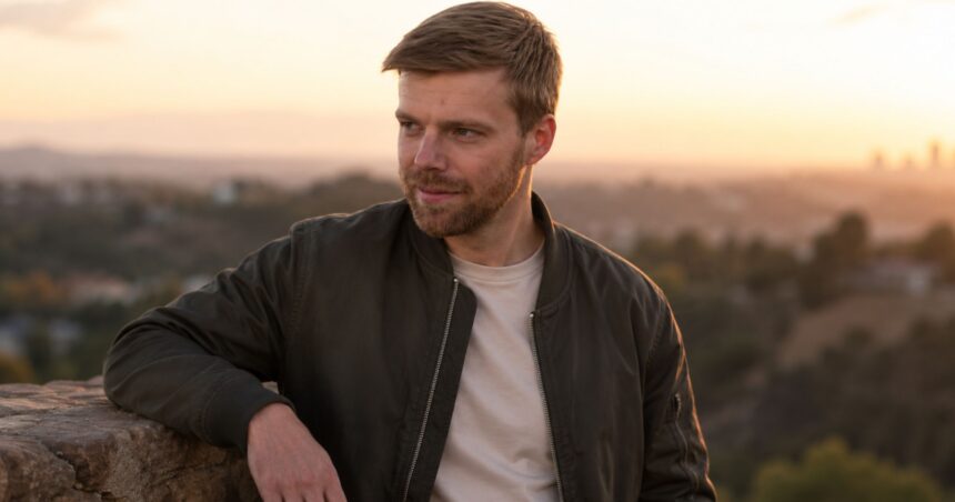 A portrait of American composer Andrew Norman looking thoughtfully into the distance against a sunset backdrop.