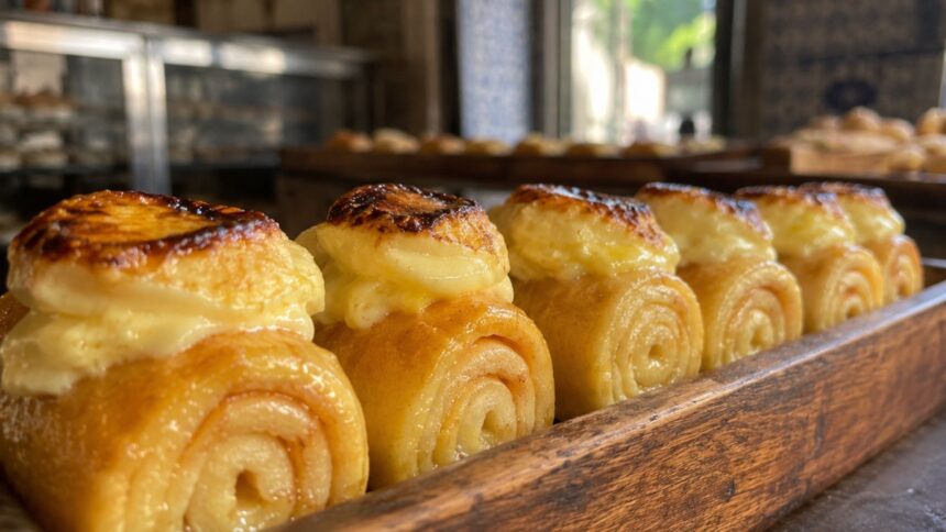 Best Piononos de Santa Fe Near Me, A close-up row of authentic Piononos de Santa Fe, featuring syrup-soaked rolled sponge cake topped with toasted cream, displayed in a traditional Spanish bakery tray.