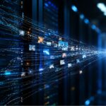 Data streams from server racks converging into a single glowing node, representing brand name normalization and entity resolution