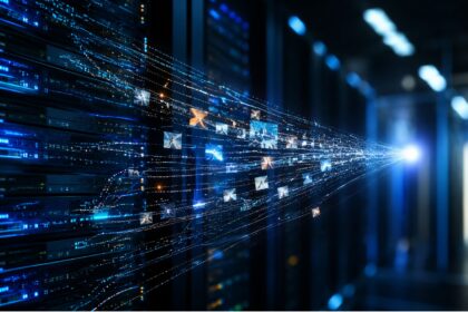 Data streams from server racks converging into a single glowing node, representing brand name normalization and entity resolution