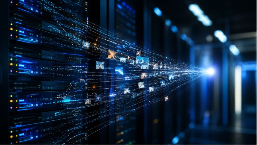Data streams from server racks converging into a single glowing node, representing brand name normalization and entity resolution