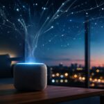 Smart speaker glowing on a table with sound waves rising into a cloud data network at dusk