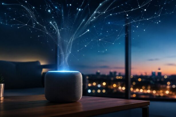 Smart speaker glowing on a table with sound waves rising into a cloud data network at dusk