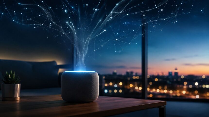 Smart speaker glowing on a table with sound waves rising into a cloud data network at dusk