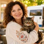 A portrait of donna sicuranza holding a tabby cat, with a white TEAM mobile veterinary clinic van in the background.