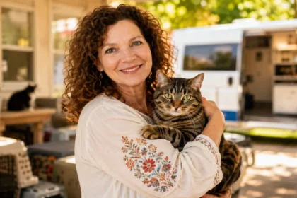 A portrait of donna sicuranza holding a tabby cat, with a white TEAM mobile veterinary clinic van in the background.