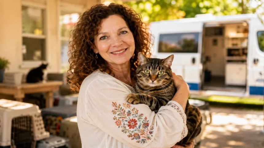 A portrait of donna sicuranza holding a tabby cat, with a white TEAM mobile veterinary clinic van in the background.