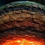 Cross-section illustration of Earth's layered structure showing rock strata over a glowing molten core