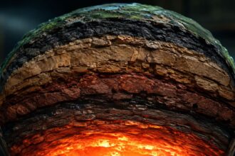Cross-section illustration of Earth's layered structure showing rock strata over a glowing molten core