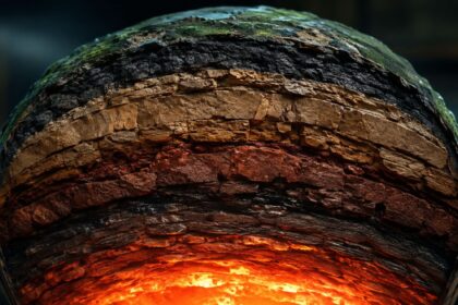 Cross-section illustration of Earth's layered structure showing rock strata over a glowing molten core