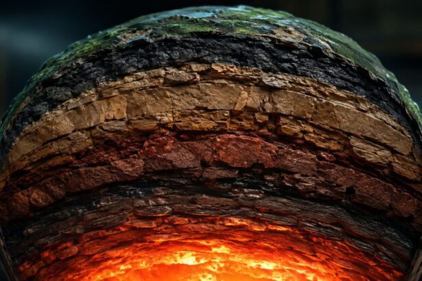 Cross-section illustration of Earth's layered structure showing rock strata over a glowing molten core