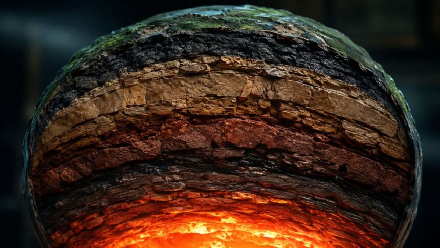 Cross-section illustration of Earth's layered structure showing rock strata over a glowing molten core
