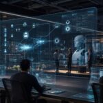 A high-tech digital workspace showing professionals analyzing interconnected AI agent workflows and automation systems on transparent holographic screens.