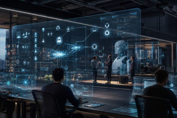 A high-tech digital workspace showing professionals analyzing interconnected AI agent workflows and automation systems on transparent holographic screens.