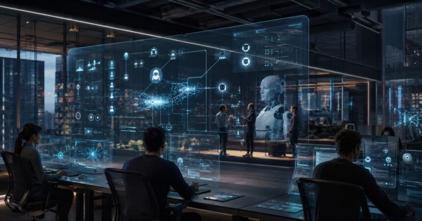 A high-tech digital workspace showing professionals analyzing interconnected AI agent workflows and automation systems on transparent holographic screens.