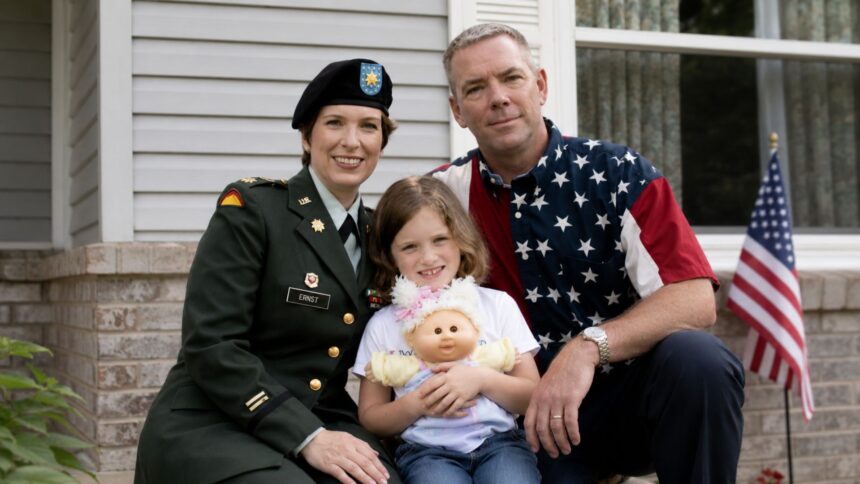 A portrait of retired Command Sergeant Major Gail Ernst, sitting on a porch alongside his then-wife Joni Ernst, who is in her military uniform, and their young daughter Libby.