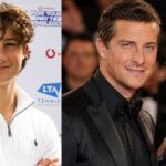 A side-by-side portrait of young tennis player Huckleberry Grylls next to his parents, survivalist Bear Grylls and author Shara Grylls.