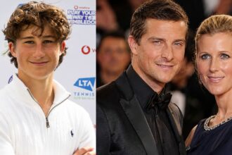 A side-by-side portrait of young tennis player Huckleberry Grylls next to his parents, survivalist Bear Grylls and author Shara Grylls.