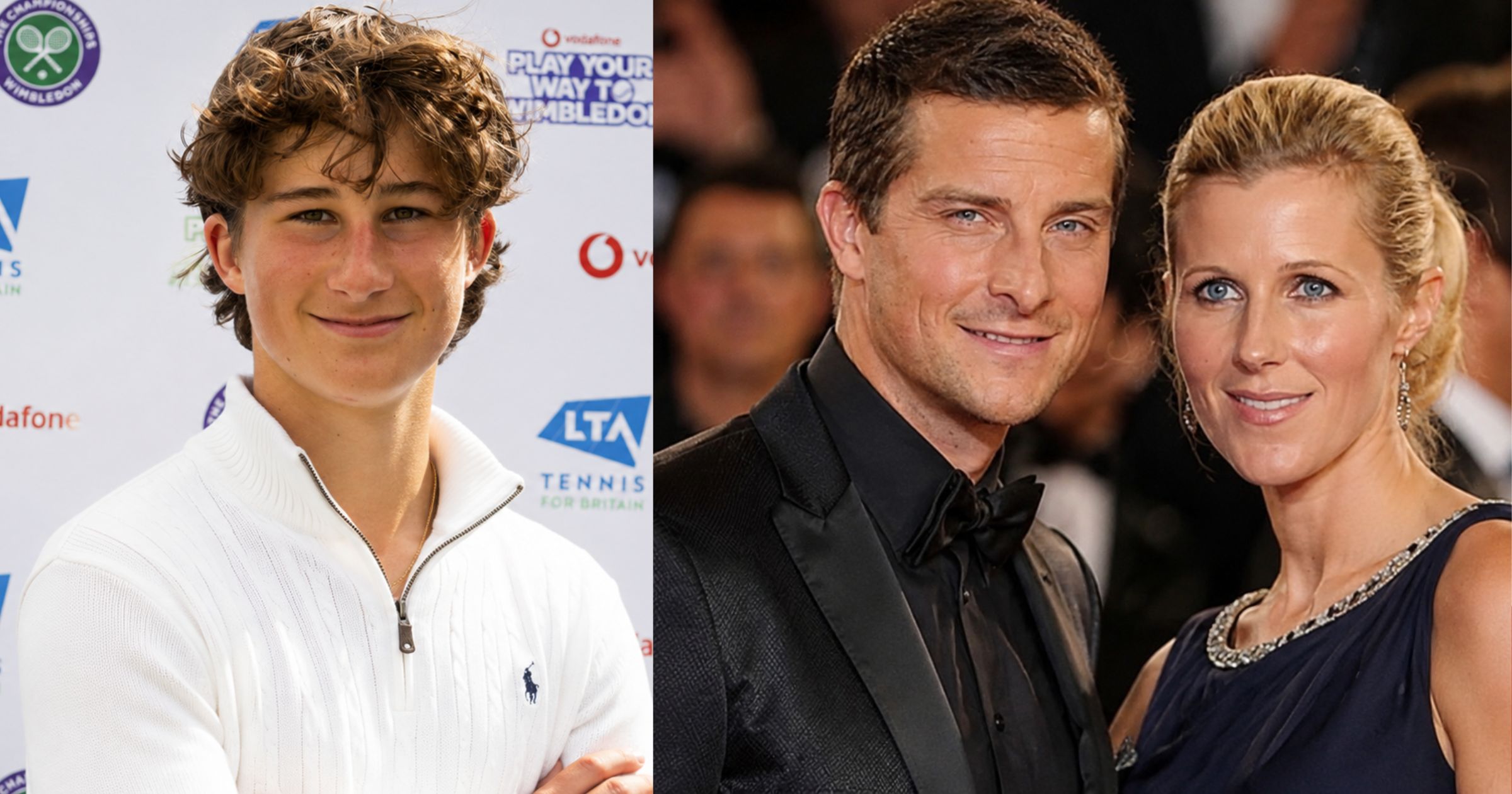 A side-by-side portrait of young tennis player Huckleberry Grylls next to his parents, survivalist Bear Grylls and author Shara Grylls.