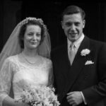 Black and white wedding photo of Jane Ebsworth Oriel and David Attenborough on their wedding day in 1950