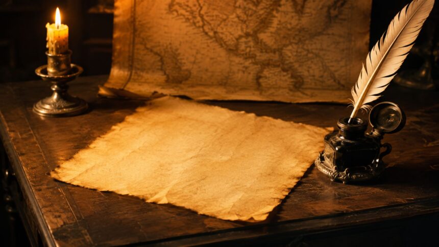Antique parchment, quill pen, candle and old map representing the Declaration of Independence and the phrase life, liberty and the pursuit of happiness