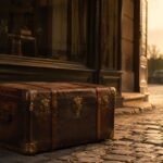 Vintage leather Louis Vuitton-style trunk on a Paris cobblestone street at sunset with the Eiffel Tower in the background