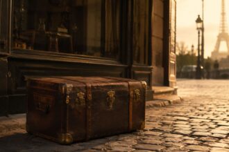 Vintage leather Louis Vuitton-style trunk on a Paris cobblestone street at sunset with the Eiffel Tower in the background