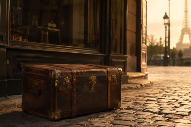 Vintage leather Louis Vuitton-style trunk on a Paris cobblestone street at sunset with the Eiffel Tower in the background