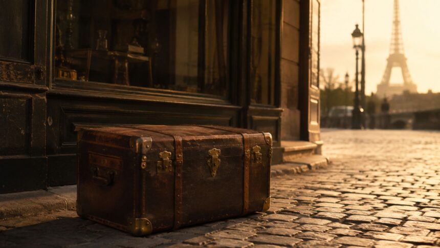 Vintage leather Louis Vuitton-style trunk on a Paris cobblestone street at sunset with the Eiffel Tower in the background