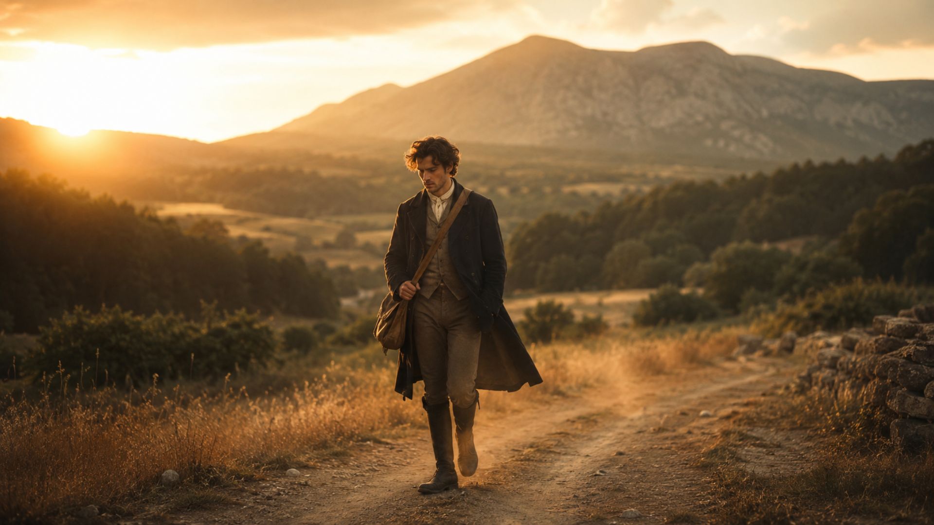 Illustration of young Louis Vuitton walking a rural French road toward Paris at sunset in 1835