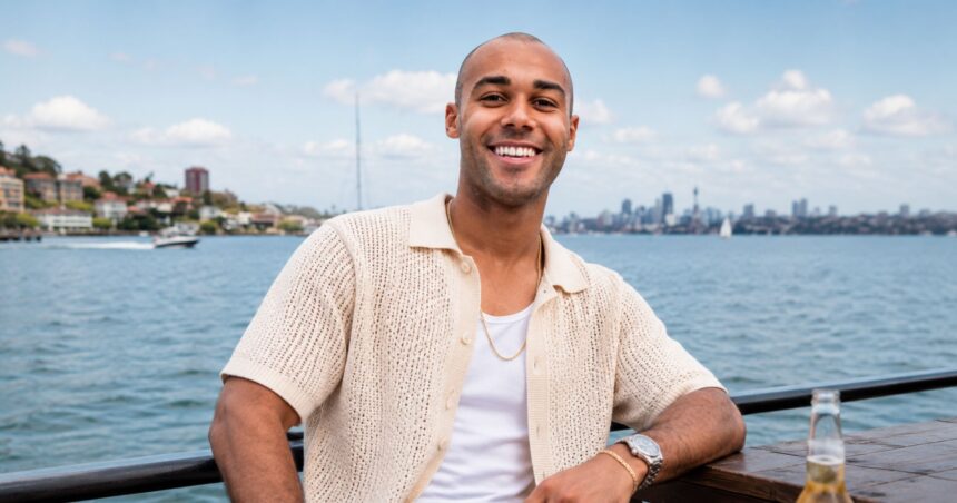 A portrait of Jules Laviscount wearing a cream-colored knit shirt, sitting outdoors with a blurred city skyline and water in the background.