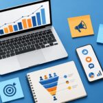 Flat-lay illustration of marketing strategy tools including growth charts, funnel diagram, and social media icons