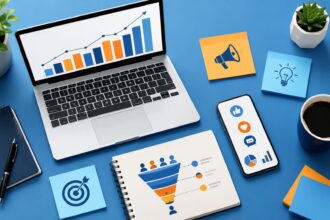 Flat-lay illustration of marketing strategy tools including growth charts, funnel diagram, and social media icons