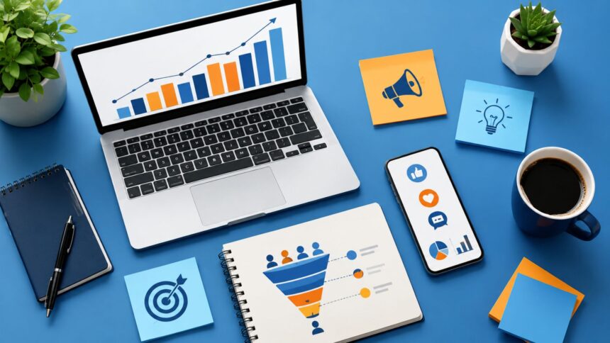 Flat-lay illustration of marketing strategy tools including growth charts, funnel diagram, and social media icons