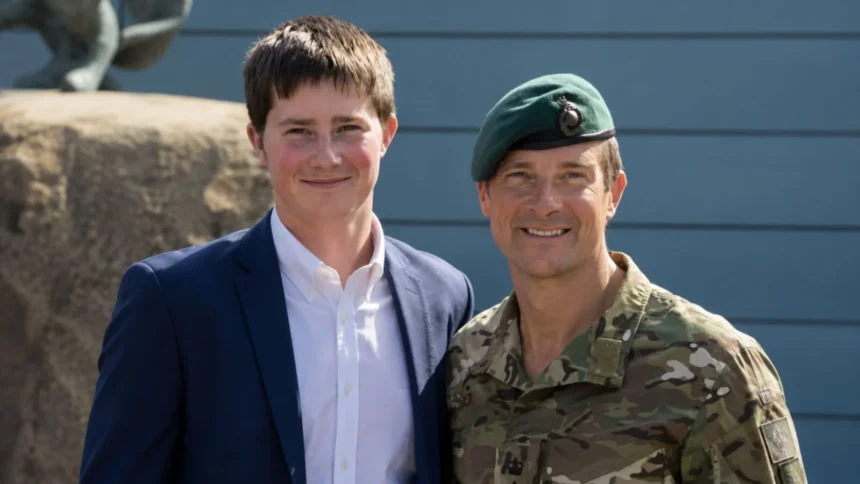 Bear Grylls in military uniform standing next to his middle son Marmaduke Mickey Percy Grylls in a blue blazer.