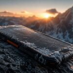 Rugged mountain smartphone covered in frost resting on a snow-covered rock at sunset with mountain peaks in the background
