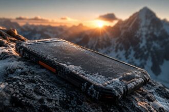 Rugged mountain smartphone covered in frost resting on a snow-covered rock at sunset with mountain peaks in the background