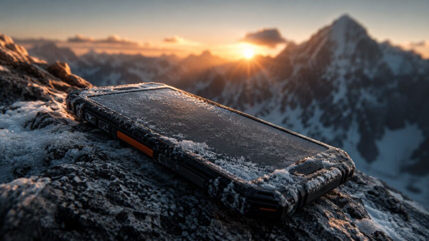 Rugged mountain smartphone covered in frost resting on a snow-covered rock at sunset with mountain peaks in the background