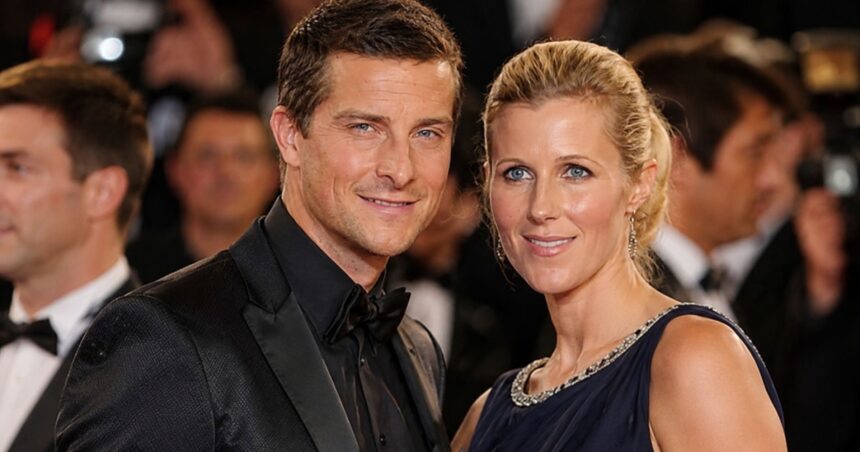 Bear Grylls and his wife Shara Cannings Knight posing together at a red carpet event.