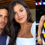 A split image showing T.J. McConnell and his wife Valerie Guiliani taking a selfie on the left, and T.J. McConnell smiling in his Indiana Pacers uniform on the right.