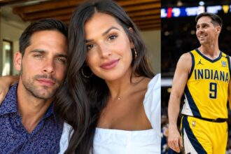 A split image showing T.J. McConnell and his wife Valerie Guiliani taking a selfie on the left, and T.J. McConnell smiling in his Indiana Pacers uniform on the right.