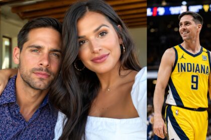 A split image showing T.J. McConnell and his wife Valerie Guiliani taking a selfie on the left, and T.J. McConnell smiling in his Indiana Pacers uniform on the right.