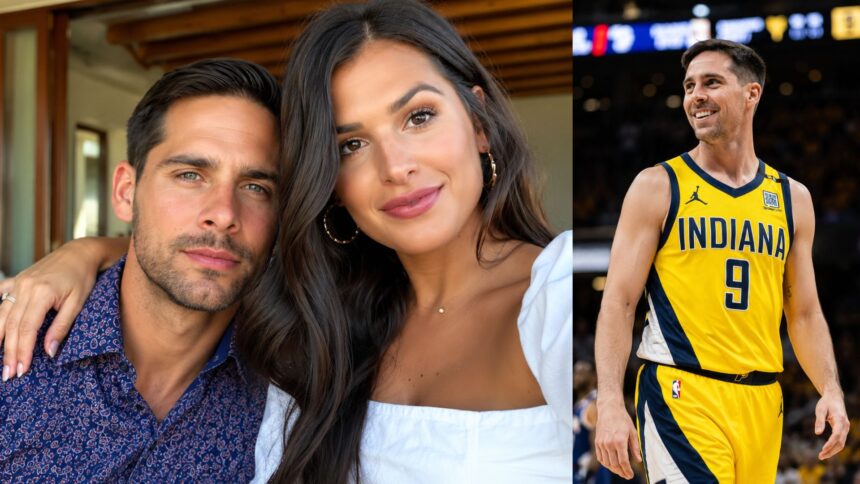 A split image showing T.J. McConnell and his wife Valerie Guiliani taking a selfie on the left, and T.J. McConnell smiling in his Indiana Pacers uniform on the right.