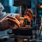 Scientist adjusting a precision instrument in a lab, illustrating the scientific method