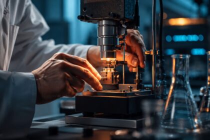 Scientist adjusting a precision instrument in a lab, illustrating the scientific method
