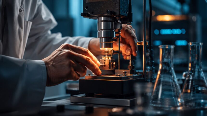 Scientist adjusting a precision instrument in a lab, illustrating the scientific method
