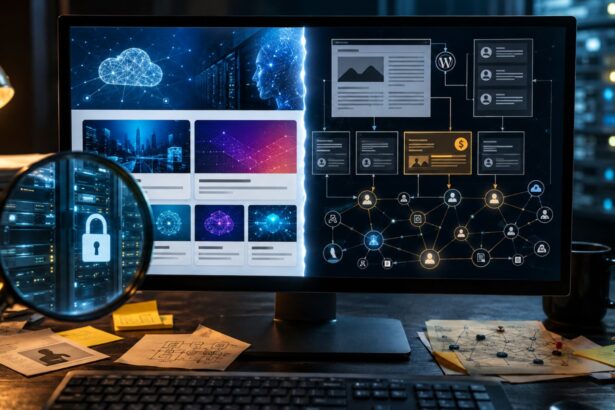 A desktop monitor split in half, showing a polished technology blog interface on the left and a complex WordPress and backlink network diagram on the right.
