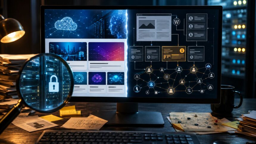 A desktop monitor split in half, showing a polished technology blog interface on the left and a complex WordPress and backlink network diagram on the right.