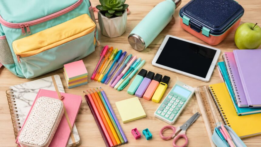 Colorful back-to-school shopping supplies, backpack, notebooks, pens, lunch box and tablet arranged for the 2026 school year.