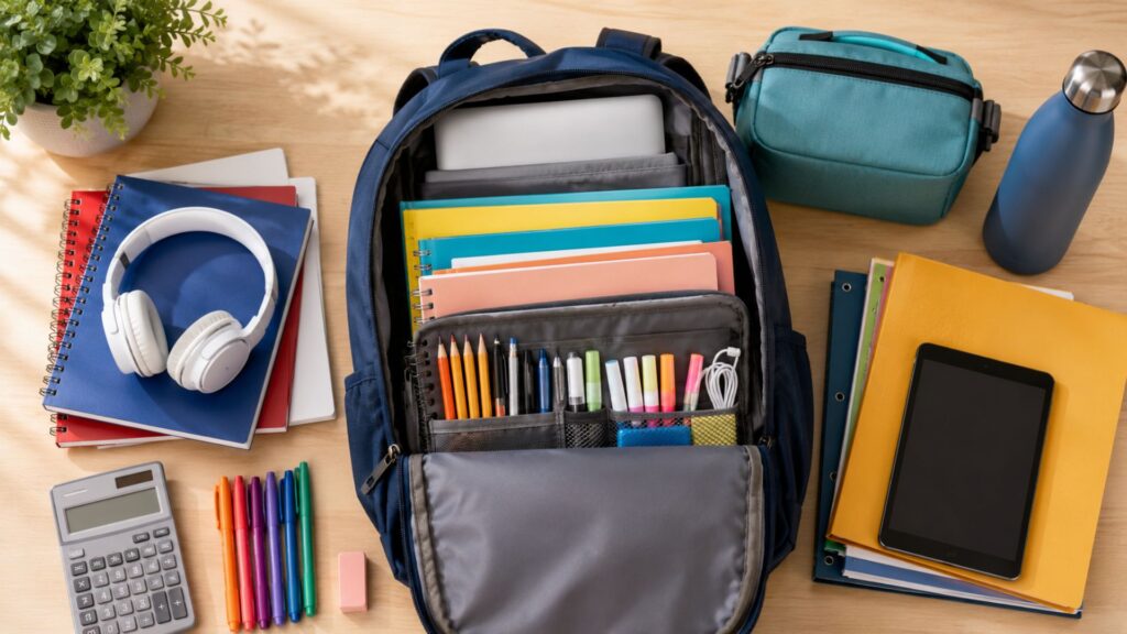 Open school backpack organized with notebooks, pencils, headphones, calculator, tablet, lunch bag and reusable water bottle.